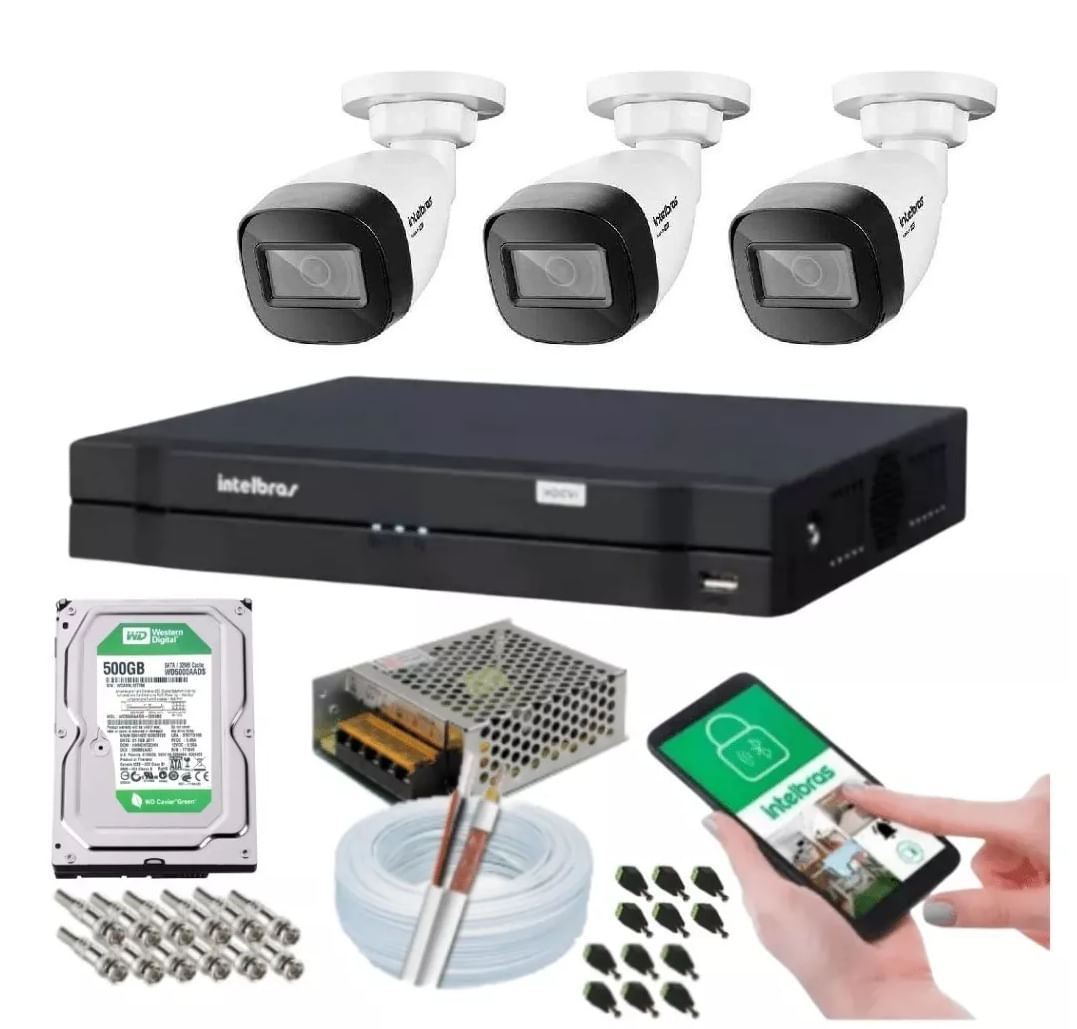 Kit 3 Camera de Seguranca Intelbras Bullet 30m vhd 1130b Externa Dvr 4 canais multi hd