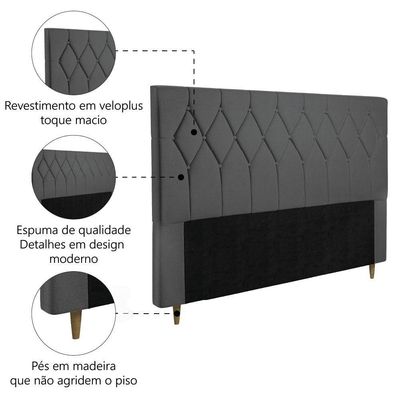 Cabeceira Estofada Para Cama Box Casal Queen Miami De 1,60m Suede Dobuê Cinza