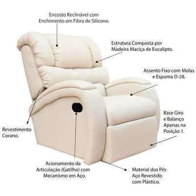 Poltrona Do Papai Reclinável Giratória Balanço Zero Wall Biorne F05 Corano Bege - Lyam Decor