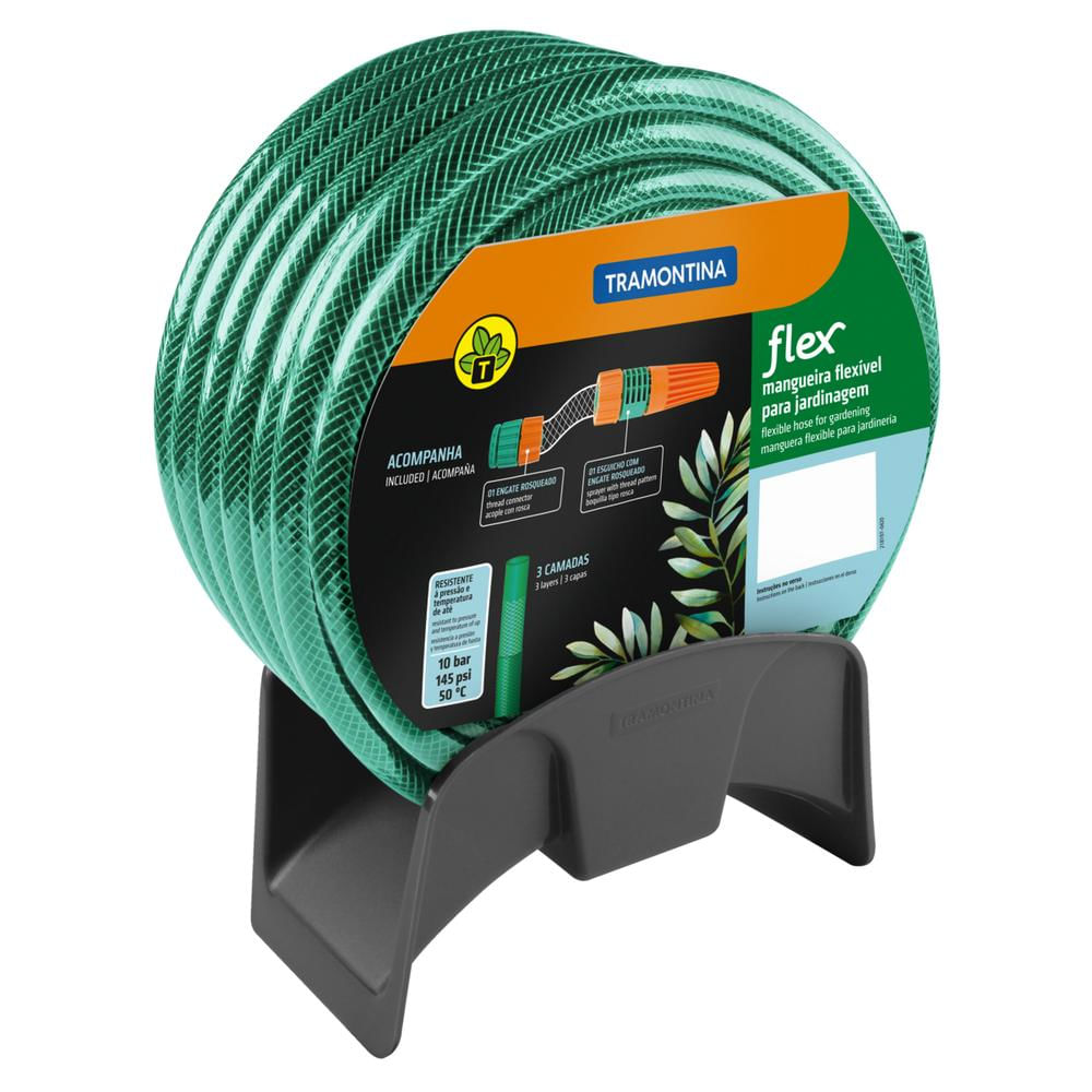 Mangueira Flex Tramontina Verde em PVC 3 Camadas 20 m com Engates Rosqueados, Esguicho e Suporte Mural