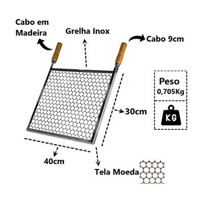 Grelha Retangular Inox Tela Moeda Para Churrasqueira 40x30cm