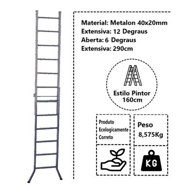 Escada Extensiva 3 em 1 Metalon 40x20mm 6 e 12 Degraus 160cm