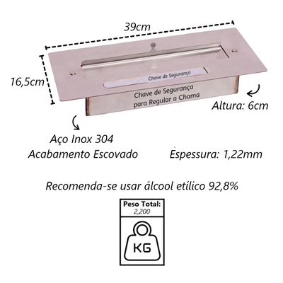 Queimador Lareira Portátil de Embutir Aço Inox 39x16,5x6cm