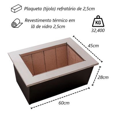 Caixa Braseiro Churrasqueira Gourmet em Aço Preta 60x45x28cm