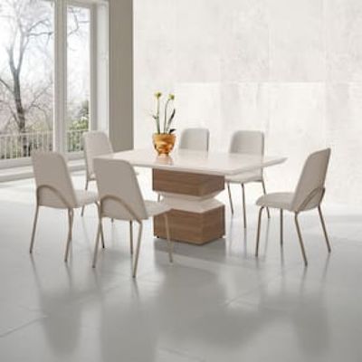 Mesa de Jantar Aço Nobre Aurora com 6 Cadeiras Estofadas e Revestidas em Tecido Sintético - Champagne e Off White