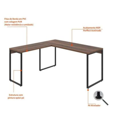 Conjunto de Mesa Kuadra Nogal 150 cm com Cadeira de Escritório Secretária Giratória Marilyn Branca