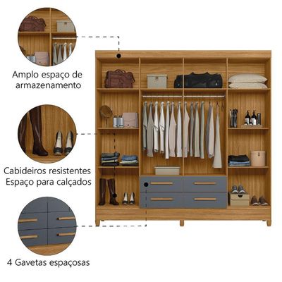 Guarda Roupas Casal 8 Portas 4 Gavetas Freijó/cinza Flórida Moval Freijo
