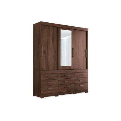 Guarda Roupa 3 Portas De Correr E 9 Gavetas C- Espelho E Pés Click 3.9 Jatoba-grafitteSantos Andirá