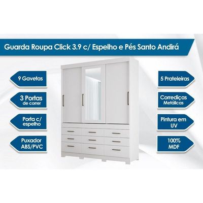 Guarda Roupa 3 Portas De Correr E 9 Gavetas C- Espelho E Pés Click 3.9 Jatoba-grafitteSantos Andirá