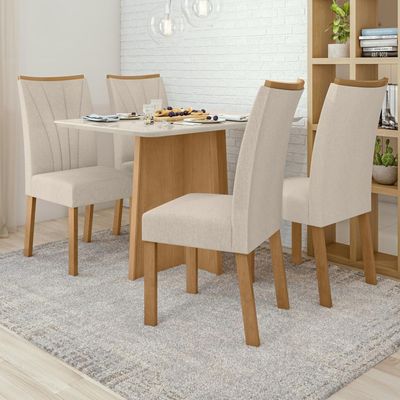 Conjunto Mesa De Jantar 1,20 Com Vidro E 4 Cadeiras Tecido Linho Bege Amendoa Clean-off White