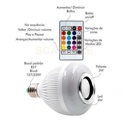 Lâmpada Bluetooth Com Led Rgb Música 12W + Controle Remoto