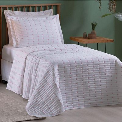 Cobre Leito Solteiro Decor Bordado 200 Fios 2 Peças - Branco/pink