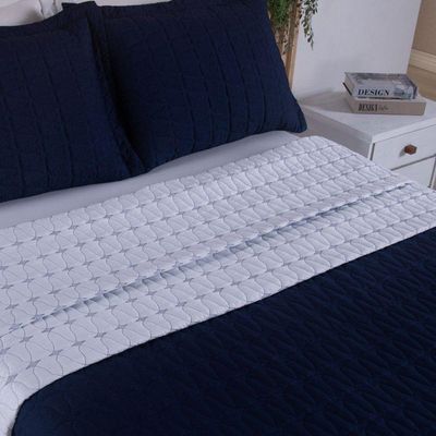 Cobre Leito Queen Cristal Percal 200 Fios Bordado 3 Peças Azul Marinho