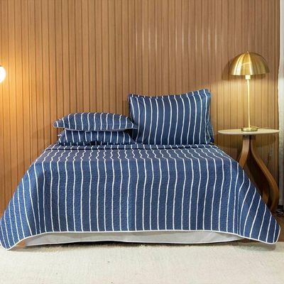 Cobre Leito Queen Bouti Basic Estampado 180 Fios 3 Peças - Listra Azul Marinho