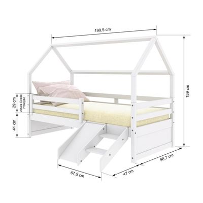 Cama Casinha Slim Rb Com Kit Escada- Escorregador E Grade De Proteção Branco Housin