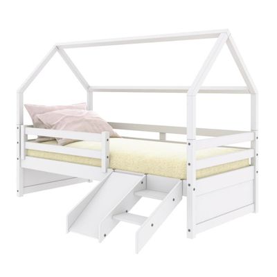 Cama Casinha Slim Rb Com Kit Escada- Escorregador E Grade De Proteção Branco Housin