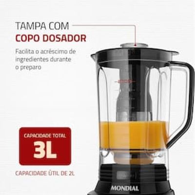 Liquidificador Mondial Turbo L-1100 com 12 Velocidades 1100W - Preto/Inox Inox,Preto / 220