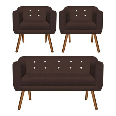 Kit 01 Namoradeira e 02 Poltronas Julia Marrom Com Strass