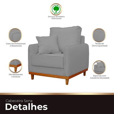 Kit Poltrona E Sofa Sena 2 Lugar Base De Madeira Para Sala Hotel Linho Cinza
