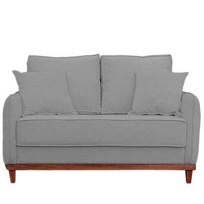 Kit Poltrona E Sofa Sena 2 Lugar Base De Madeira Para Sala Hotel Linho Cinza