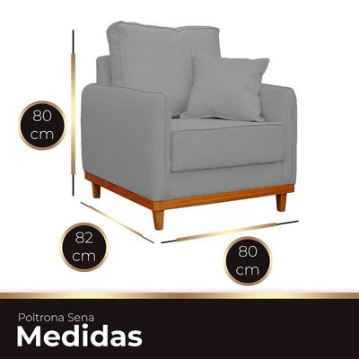 Kit Poltrona E Sofa Sena 2 Lugar Base De Madeira Para Sala Hotel Linho Cinza