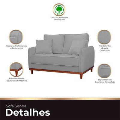 Kit Poltrona E Sofa Sena 2 Lugar Base De Madeira Para Sala Hotel Linho Cinza