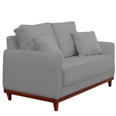 Kit Poltrona E Sofa Sena 2 Lugar Base De Madeira Para Sala Hotel Linho Cinza