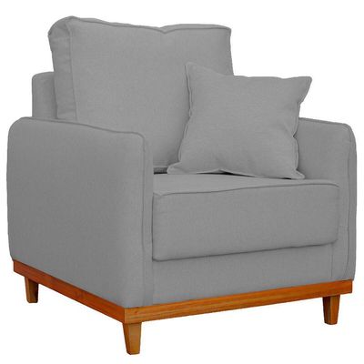 Kit Poltrona E Sofa Sena 2 Lugar Base De Madeira Para Sala Hotel Linho Cinza