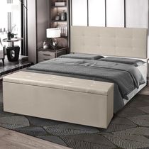 Kit Cabeceira Painel E Calçadeira Baú Casal Queen 1,60m Berlim Material Sintético Bege