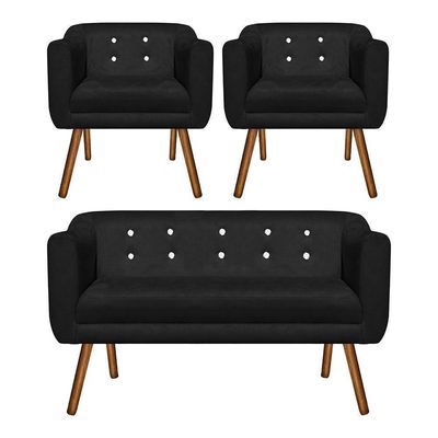 Kit 01 Namoradeira E 02 Poltronas Julia Preto Com Strass