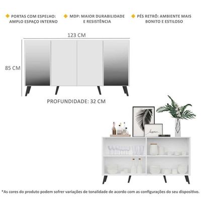 Aparador Buffet com Espelho e Pés Retrô Branco/preto