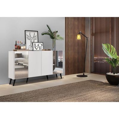 Aparador Buffet com Espelho e Pés Retrô Branco/preto