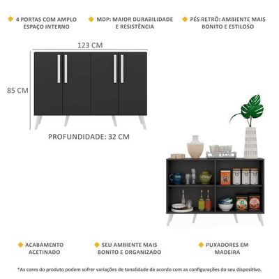 Aparador Buffet 4 Portas Com Pés Retrô Viena Preto/branco