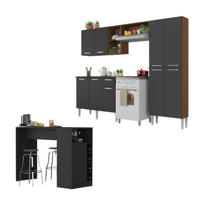 Armário De Cozinha Com Mesa Gourmet Pequim Multimóveis Mp2205 Carvalho Avelã/preto