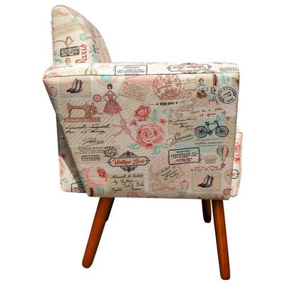 Poltrona Dora Estampado Retrô Rosa D61 Pés Palito Castanho