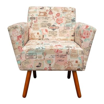 Poltrona Dora Estampado Retrô Rosa D61 Pés Palito Castanho