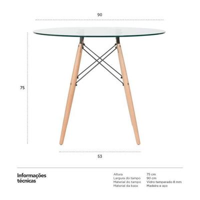 Mesa Eames Tampo de Vidro 90cm Transparente Empório Tiffany