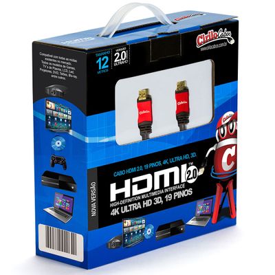 Cabo HDMI 2.0, 19 Pinos 4K, Ultra HD, 3D - 12 Metros