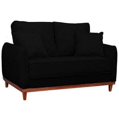 Sofa Sena 3 Lugares Base De Madeira Para Sala Hotel Linho Preto