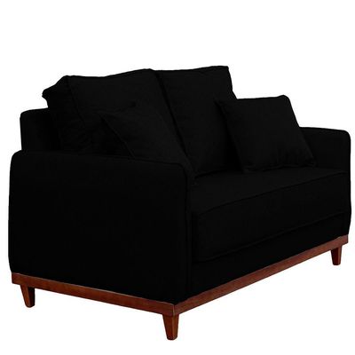Sofa Sena 3 Lugares Base De Madeira Para Sala Hotel Linho Preto