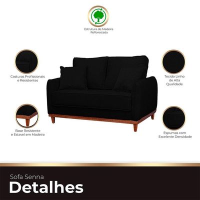 Sofa Sena 3 Lugares Base De Madeira Para Sala Hotel Linho Preto