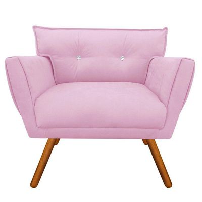 Poltrona Anitta Suede Rosa Bebê Com Strass Pés Castanho
