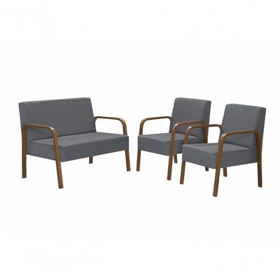 Conjunto Poltrona Luna Braço Madeira D Salla Suede Grafite