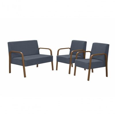 Conjunto Poltrona Luna Braço Madeira D Salla Suede Azul Bic