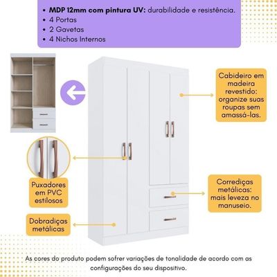 Guarda-roupas Solteiro 4 Portas E 2 Gavetas Multimóveis Cr35209 Branco