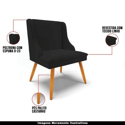 Poltrona Decorativa Pés Palito de Madeira Firenze Linho Preto/Natural - Gran Belo