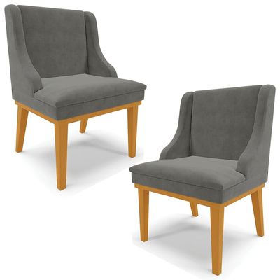 Kit 2 Poltronas Decorativas Base Fixa de Madeira Firenze Suede Grafite/Castanho - Gran Belo