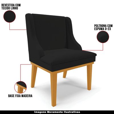 Kit 2 Poltronas Decorativas Base Fixa de Madeira Firenze Linho Preto/Castanho - Gran Belo