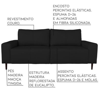Sofá 03 Lugares Sala de Estar Recepção 220cm Brad Couro Preto - Gran Belo