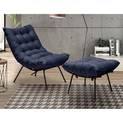 Puff Decorativo Sala de Estar Abel Pés Preto Veludo Azul - Gran Belo